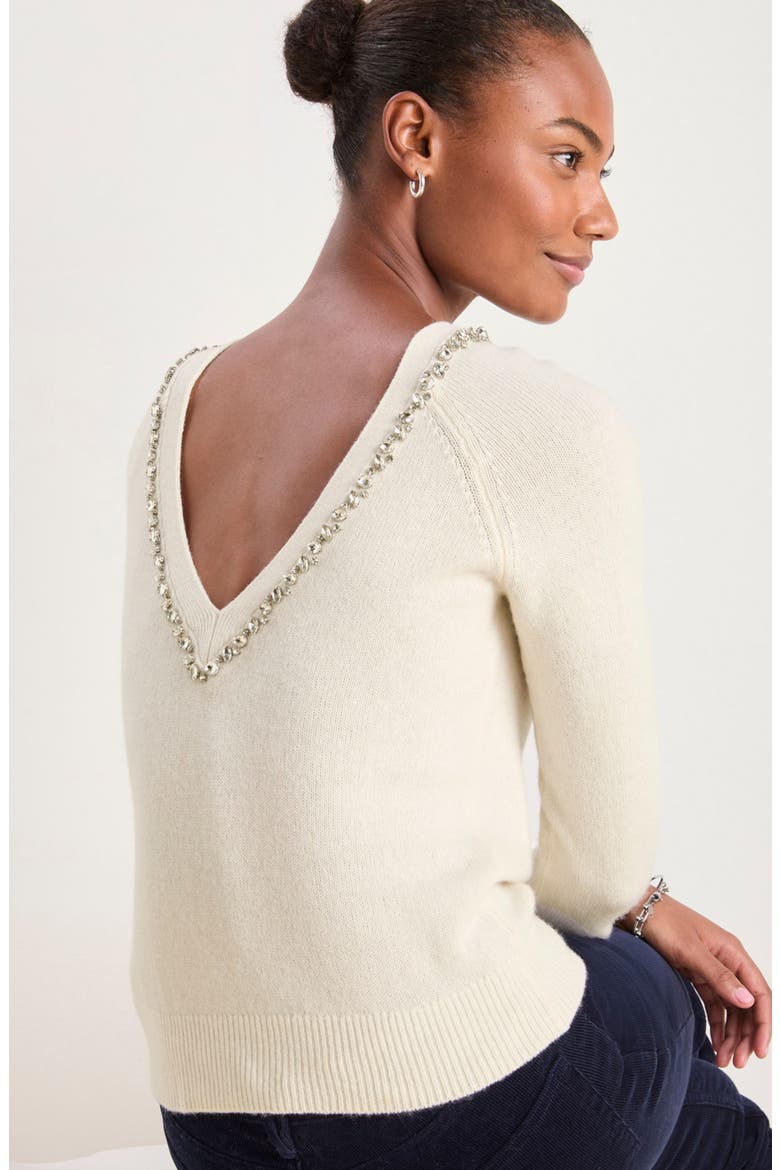 Rhinestone Embellished Wool Blend V-Neck Sweater, Alternate, color, MARSHMALLOW