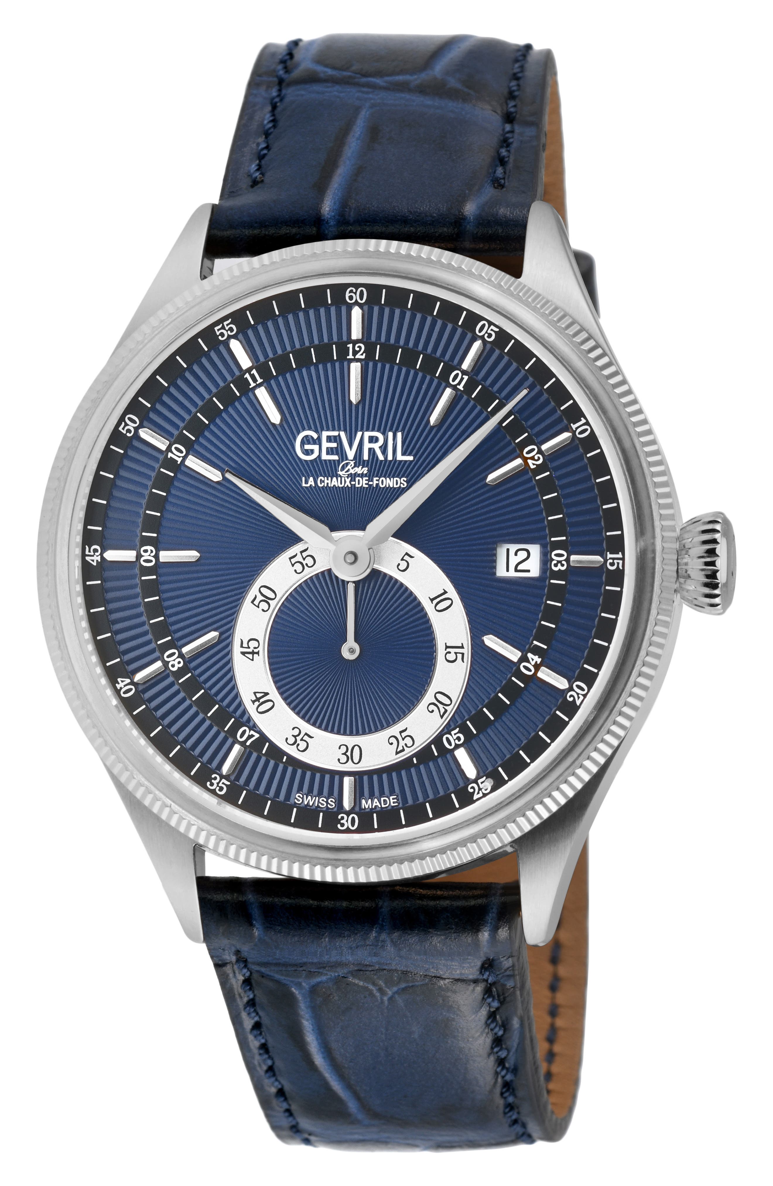 GEVRIL Empire Automatic Croc Embossed Leather Strap Watch, 40mm