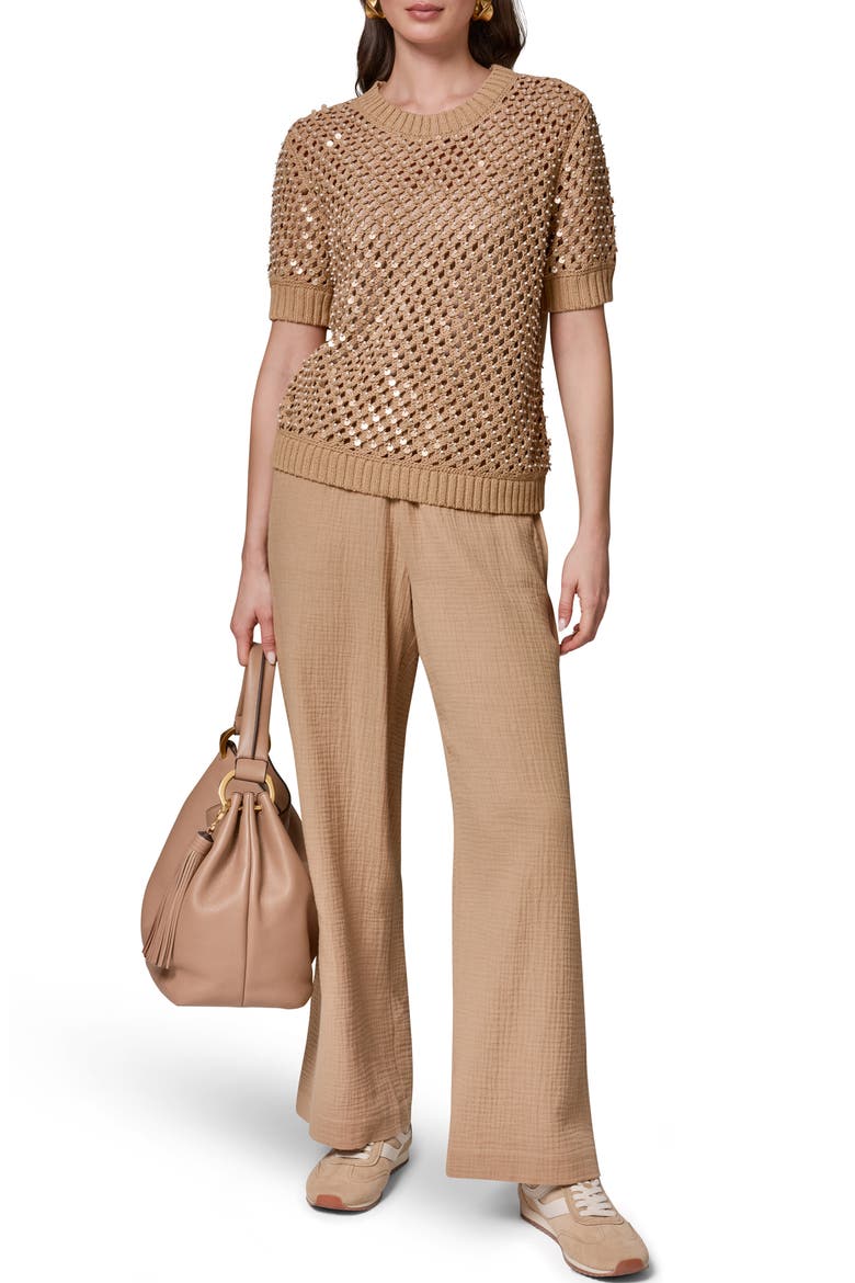 Pearl Detail Short Sleeve Sweater, Alternate, color, FAWN