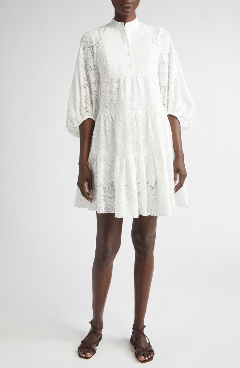 Erdem Long Sleeve Tiered Lace Minidress, Main, color, Ivory