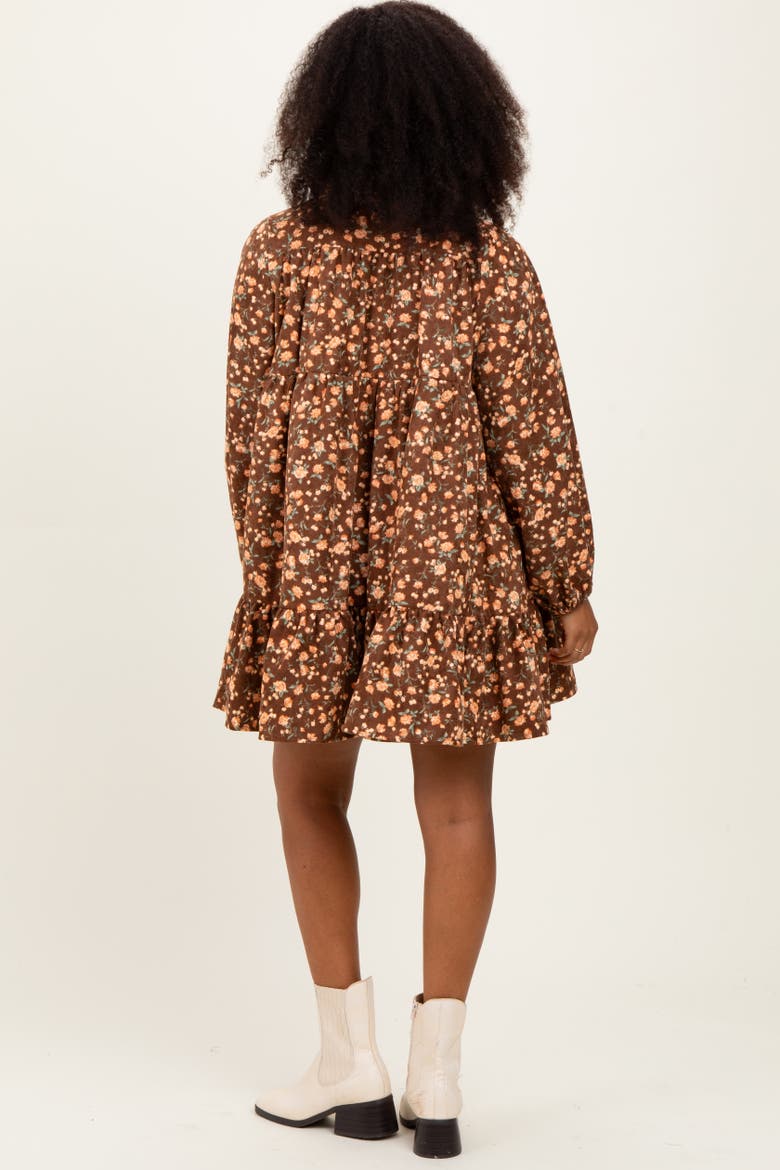 Floral Print Shirring Half Buttoned Shirt Dress, Alternate, color, Brown