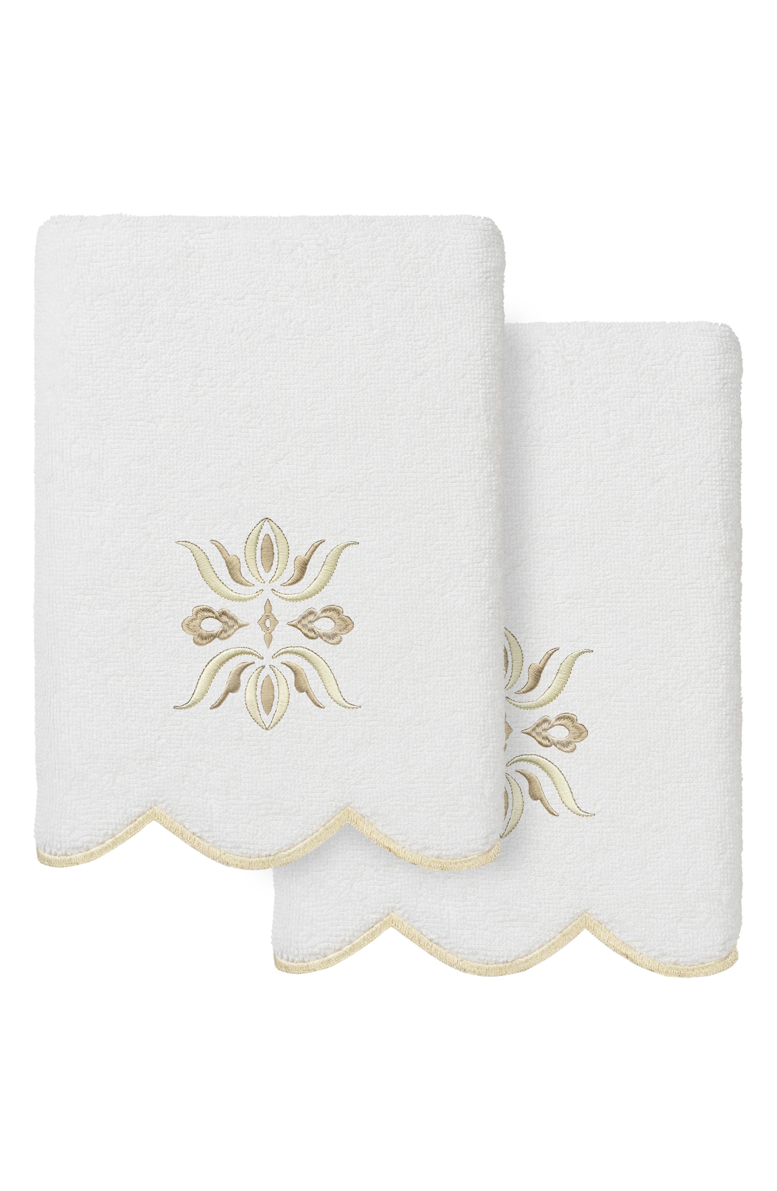 Flower Crest Scalloped Set of 2 Hand Towels