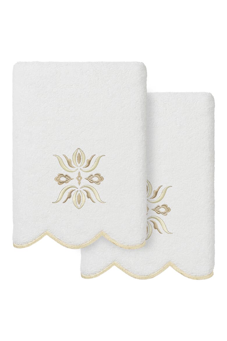 Flower Crest Scalloped Set of 2 Hand Towels, Main, color, WHITE/ BEIGE