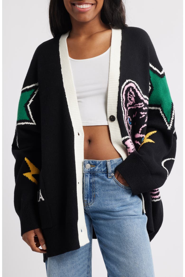 Karma Panther Oversize Cardigan, Main, color, BLACK
