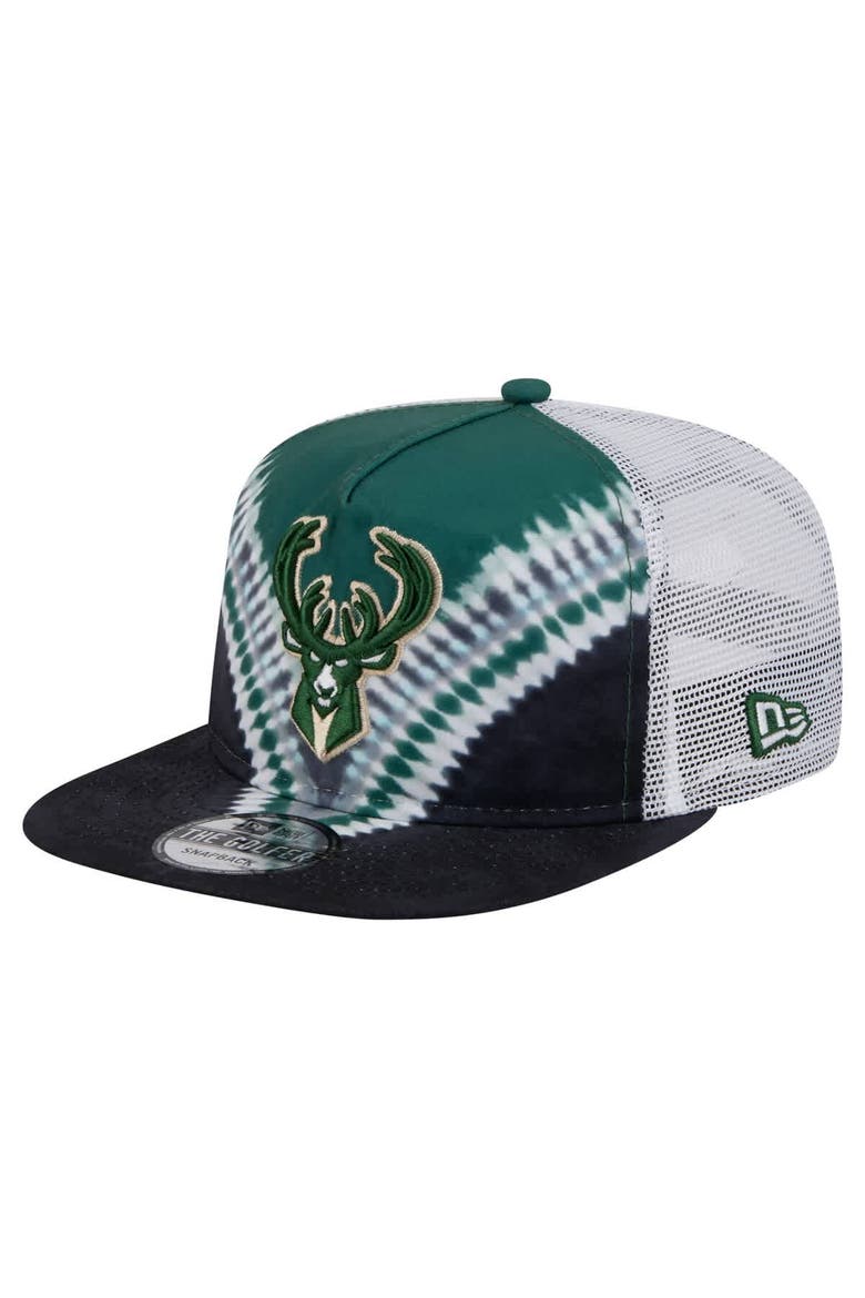 Men's New Era Black/Hunter Green Milwaukee Bucks Throwback Dye Golfer Snapback Hat, Main, color, Black