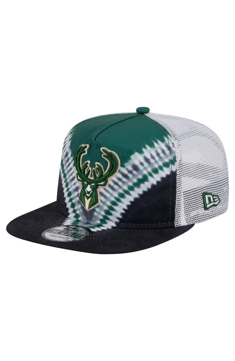 New Era Men's New Era Black/Hunter Green Milwaukee Bucks Throwback Dye Golfer Snapback Hat, Main, color, Black