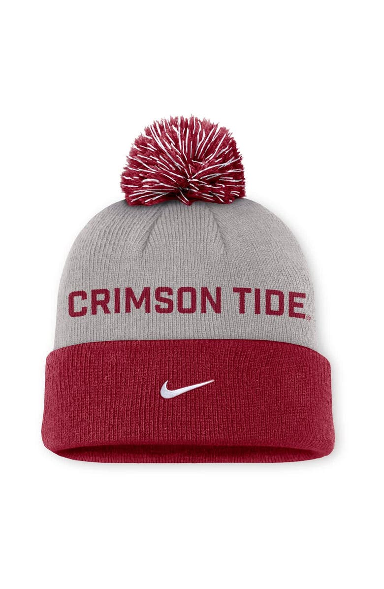 Nike Men's Nike Gray/Crimson Alabama Crimson Tide Primetime Peak Cuffed Knit Hat with Pom, Alternate, color, Gray