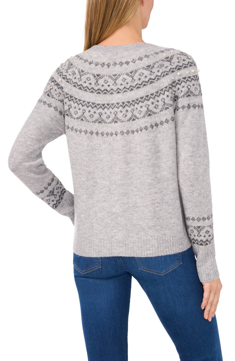 CeCe Imitation Pearl & Crystal Detail Fair Isle Cardigan Sweater, Alternate, color, 
