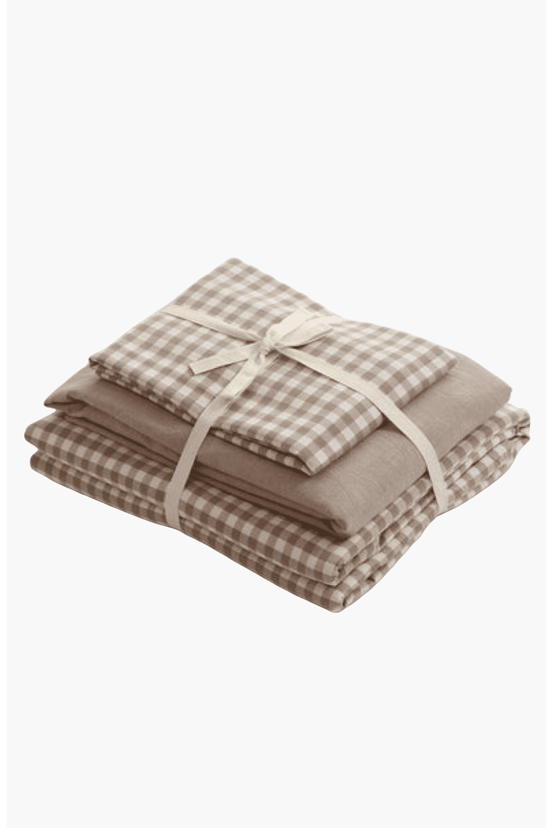 Gingham Washed Cotton Bedding Set, Main, color, Brown Gingham, Fitted