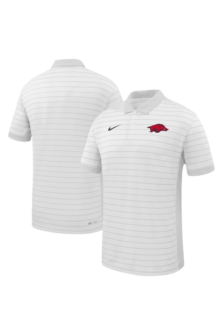 Men's Nike White Arkansas Razorbacks 2025 Early Season Coaches Sideline Victory Stripe Performance Polo, Alternate, color, White