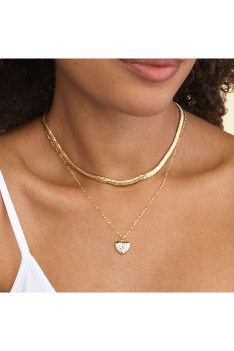 Puffy CZ Single Heart Halo Necklace, Alternate, color, Gold Plated Sterling Silver
