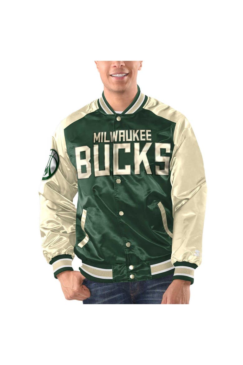 Men's Starter Hunter Green/Cream Milwaukee Bucks Renegade Satin Full-Snap Varsity Jacket, Alternate, color, Hunter Green