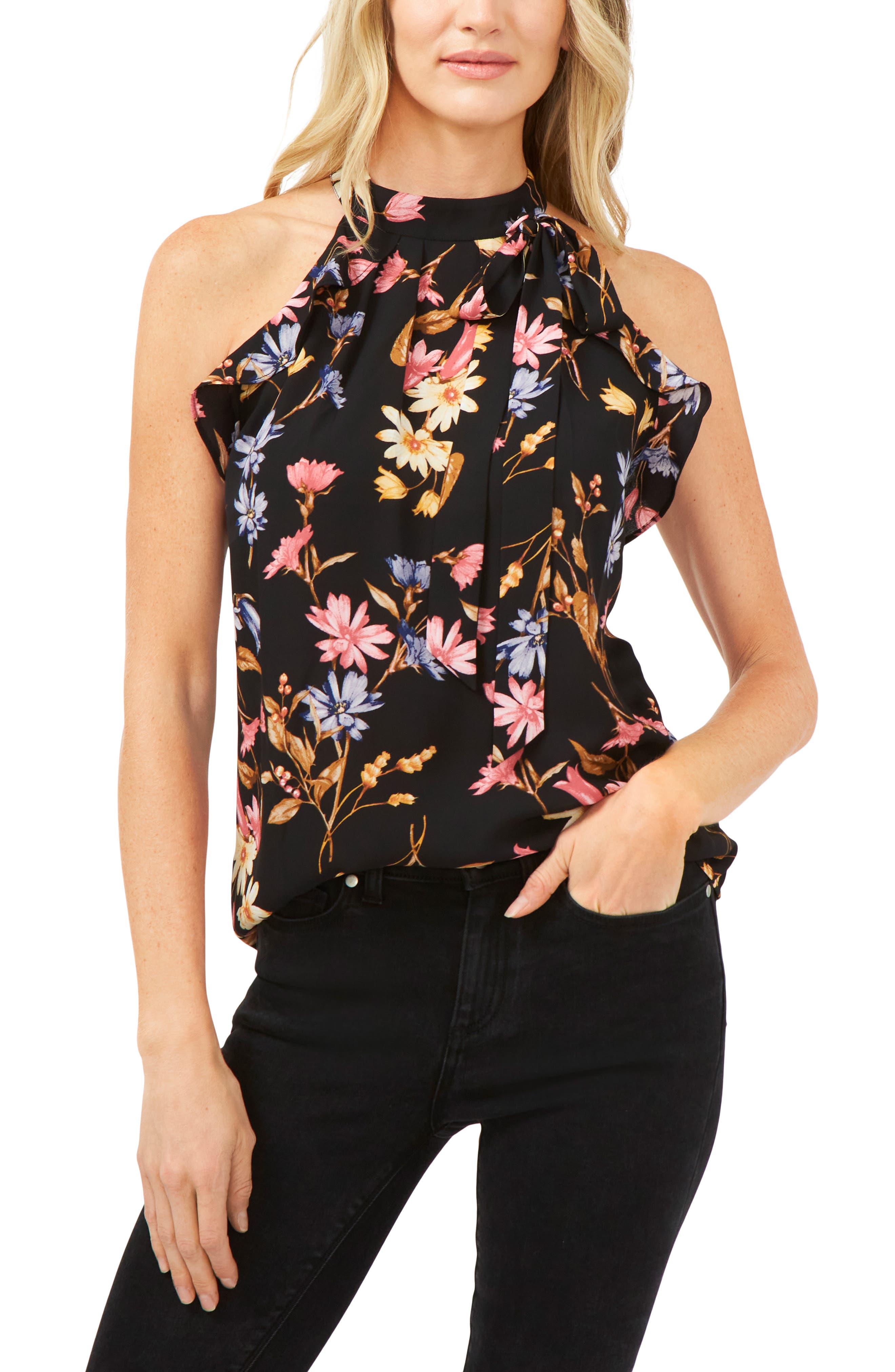 Tie Neck Ruffle Sleeveless Blouse