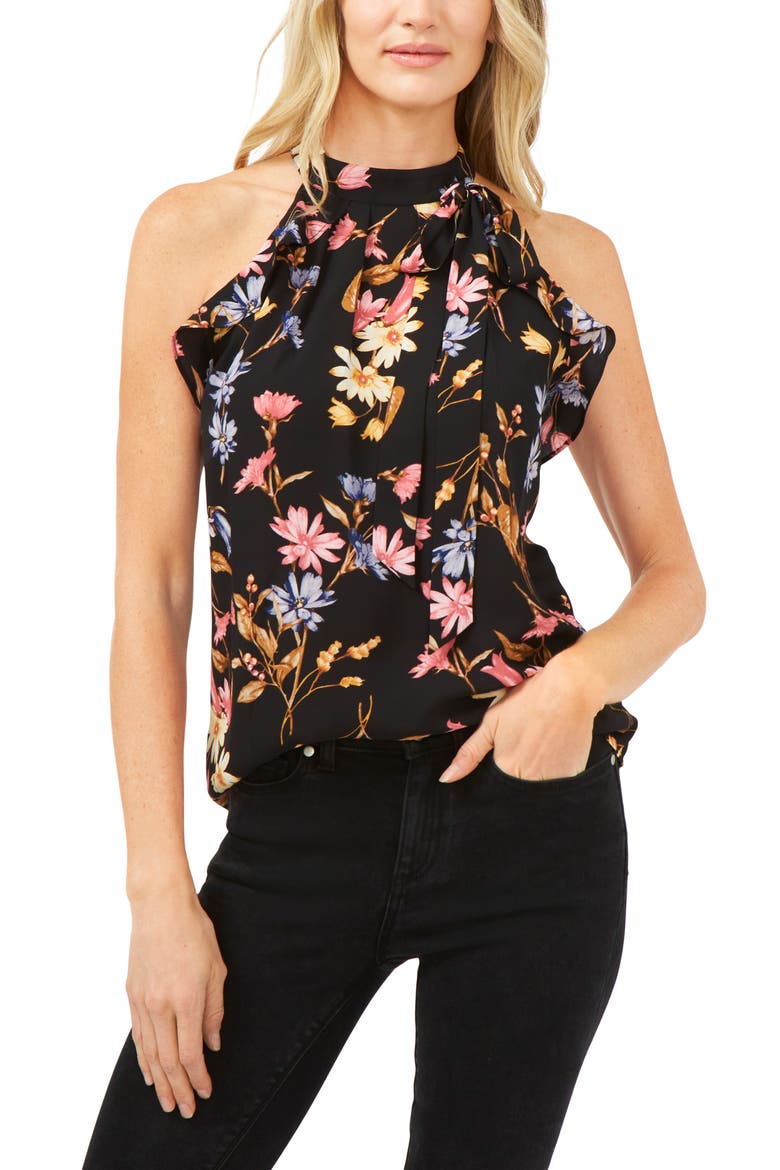 Tie Neck Ruffle Sleeveless Blouse, Main, color, RICH BLACK