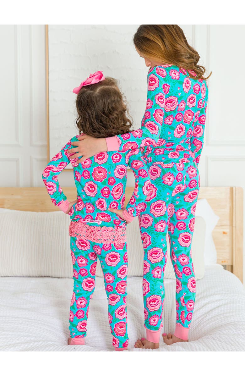 RuffleButts SoftSnooze Ruffle Long Sleeve Pajama Set, Signature Rear Ruffles, Alternate, color, Bright Blossoms