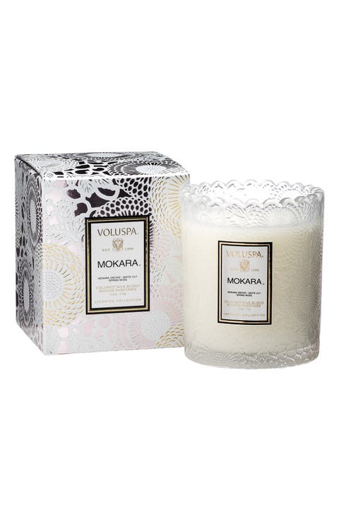 Japonica Scalloped Edge Embossed Glass Candle