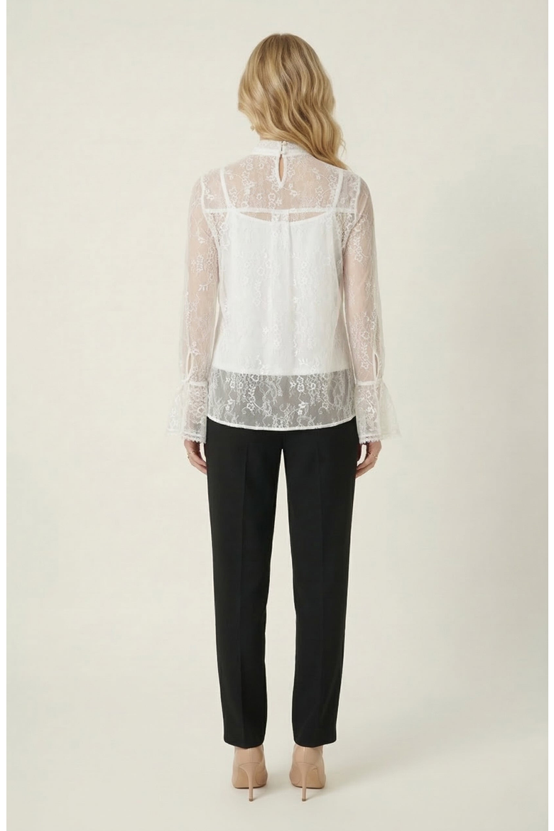 Sheer Lace Bow Tie Neck Ruffle Front Detail Blouse, Alternate, color, White