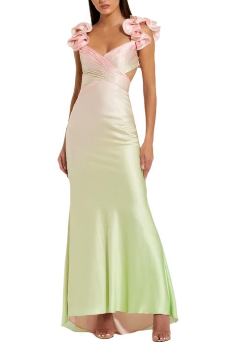 Charmeuse Ombre Gown with Ruffle Straps and Crossover Bodice