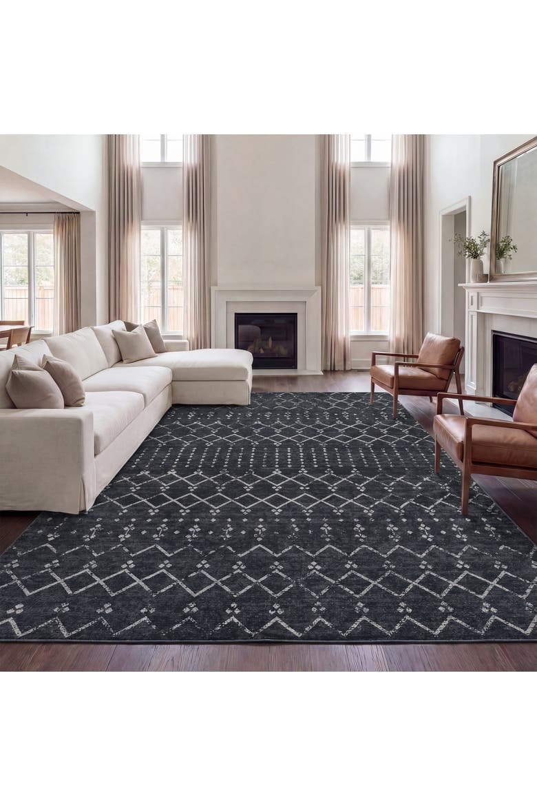 Leila Moroccan Diamond Trellis Non-Slip Machine-Washable Area Rug, Alternate, color, Dark Gray/Ivory