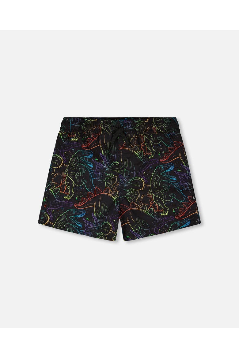Above the Knee Elastic Waist Dinosaur Print Swim Trunks, Main, color, Black Dinosaur Print
