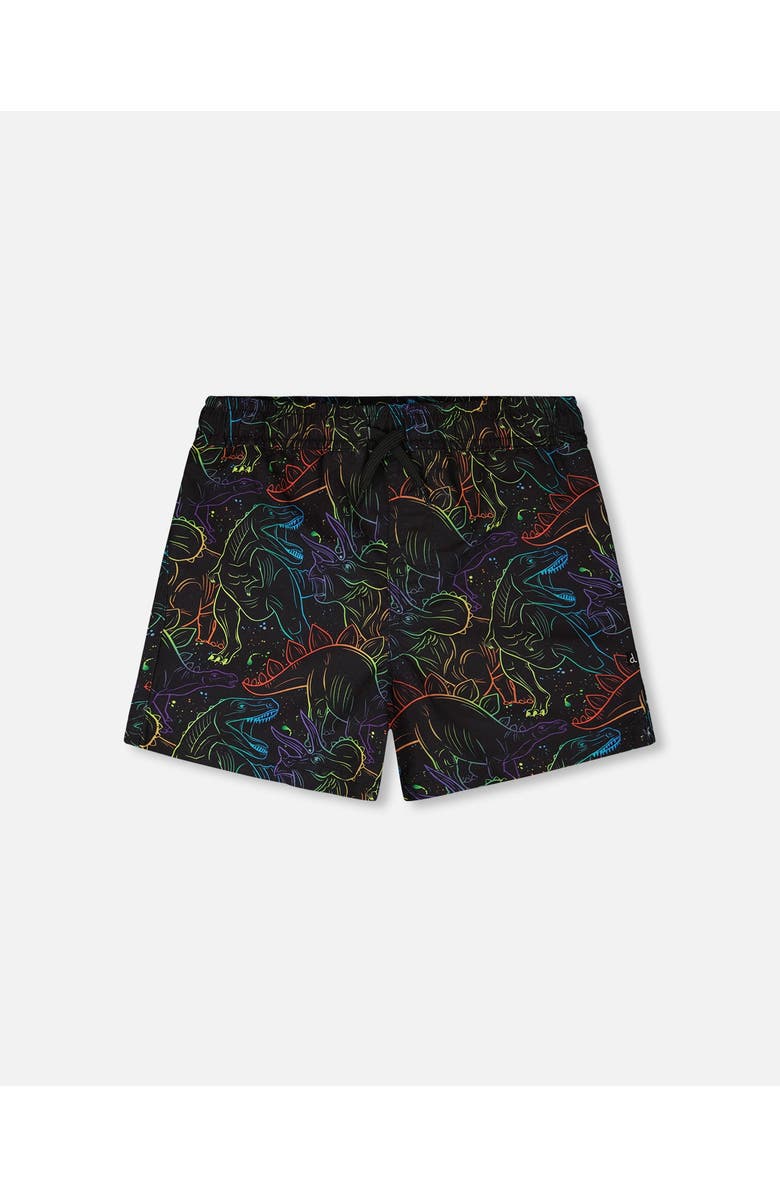 Deux par Deux Above the Knee Elastic Waist Dinosaur Swim Trunks, Main, color, Black Dinosaur Print