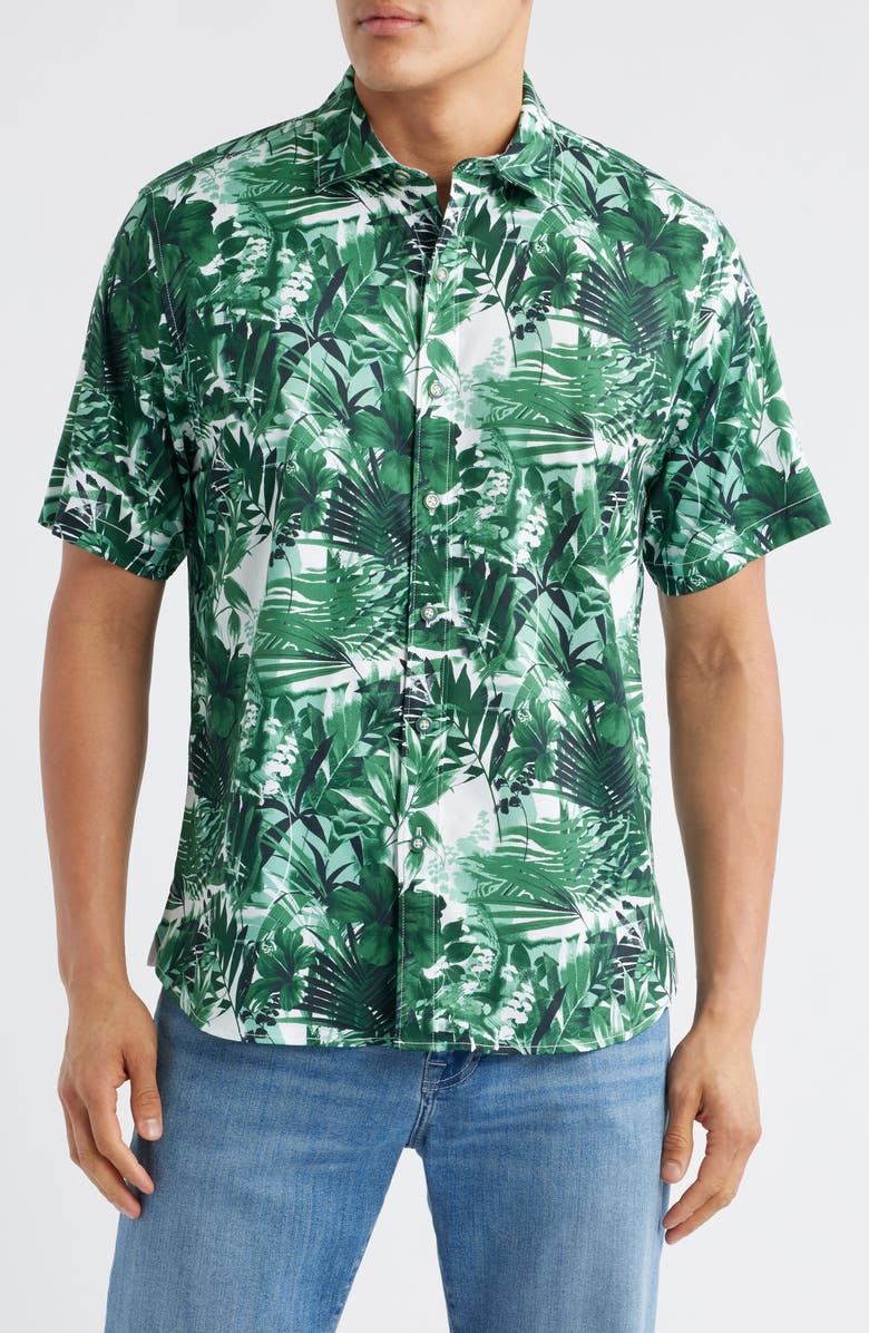 Tommy Bahama Sport Electric Blooms Camp Shirt, Main, color, Team Green