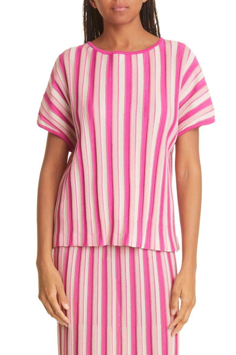 Bold Vertical Stripe Short Sleeve Sweater, Main, color, WILDBERRY PINK/ BISCOTTI