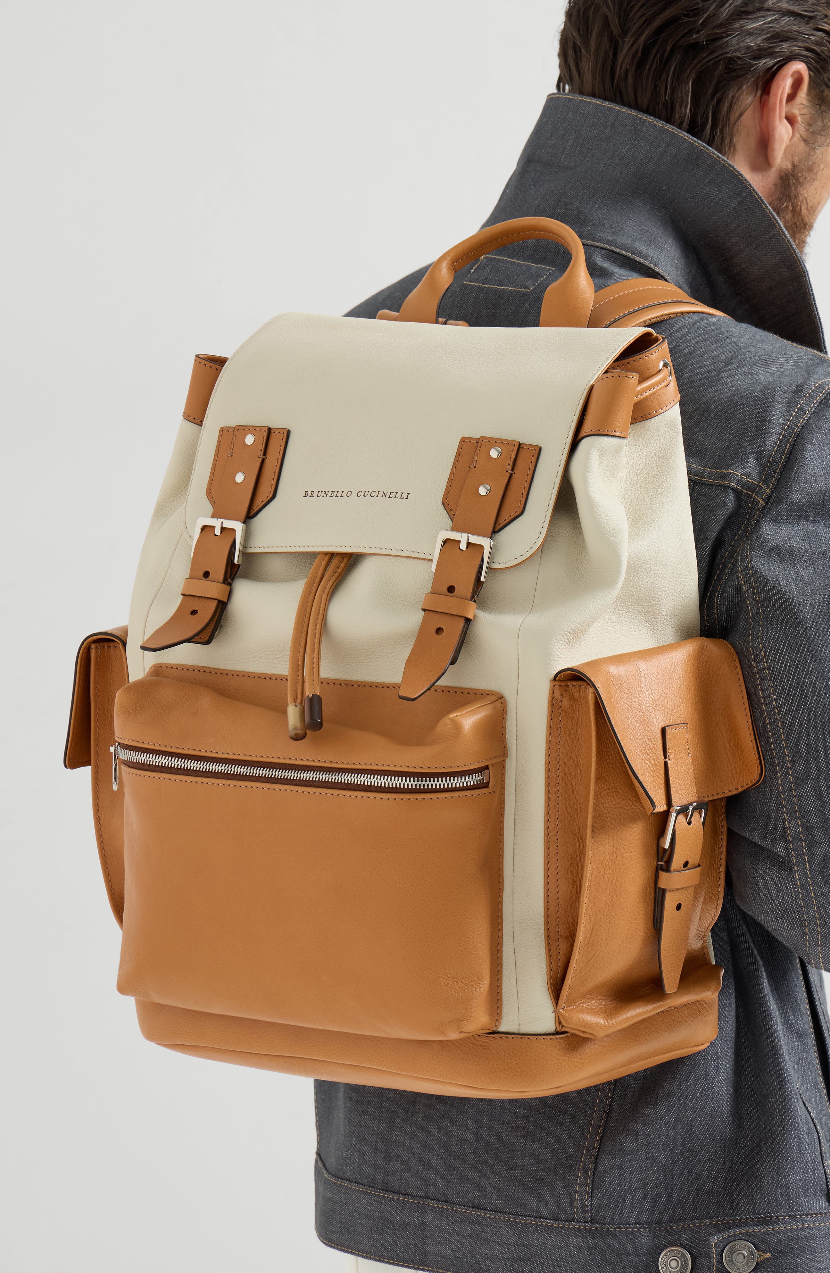 Brunello Cucinelli Calfskin and cowhide backpack, Alternate, color, Ivory