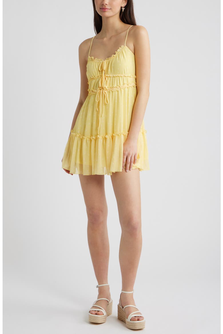 Ruffle Tie Front Tiered Mini Sundress, Main, color, YELLOW POPCORN EDIT DOT