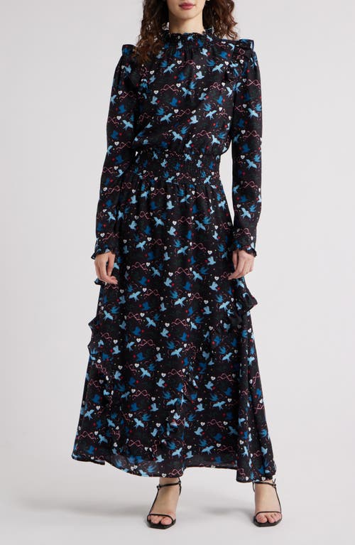 Sister Jane Heron Print Long Sleeve Maxi Dress In Black