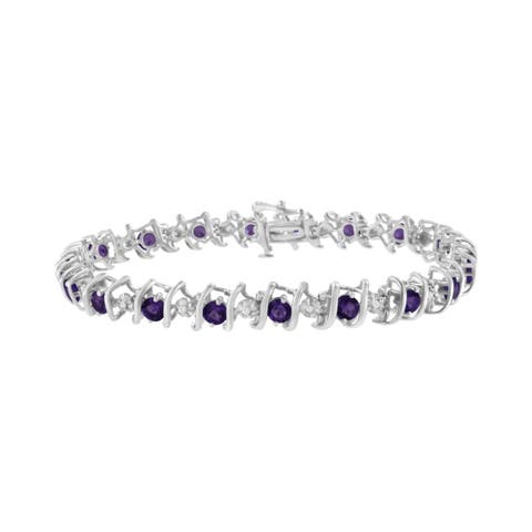 .925 Sterling Silver Lab-Grown Birthstone and 1/6 Cttw Diamond Tennis Bracelet