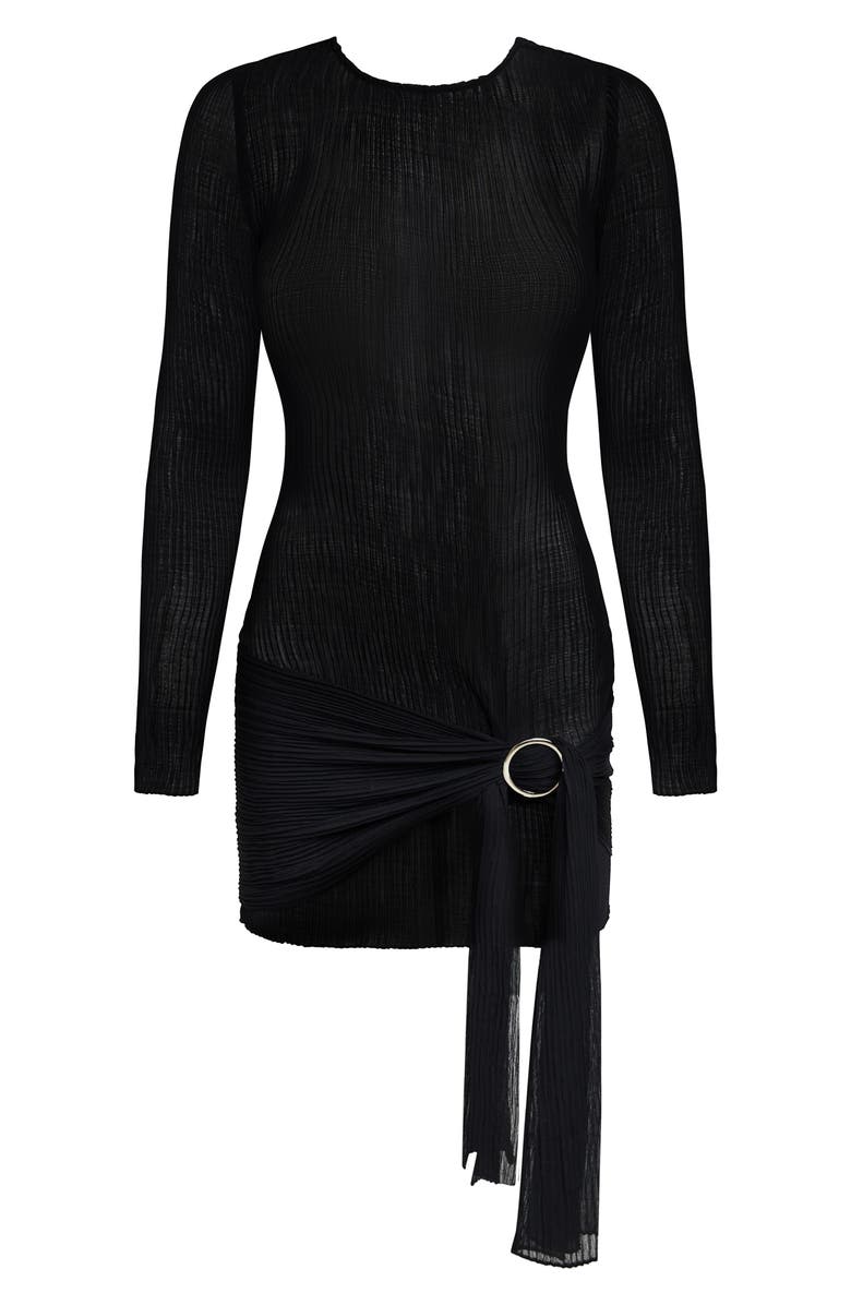 LIONESS Ford O-Ring Long Sleeve Plissé Minidress, Alternate, color, Onyx