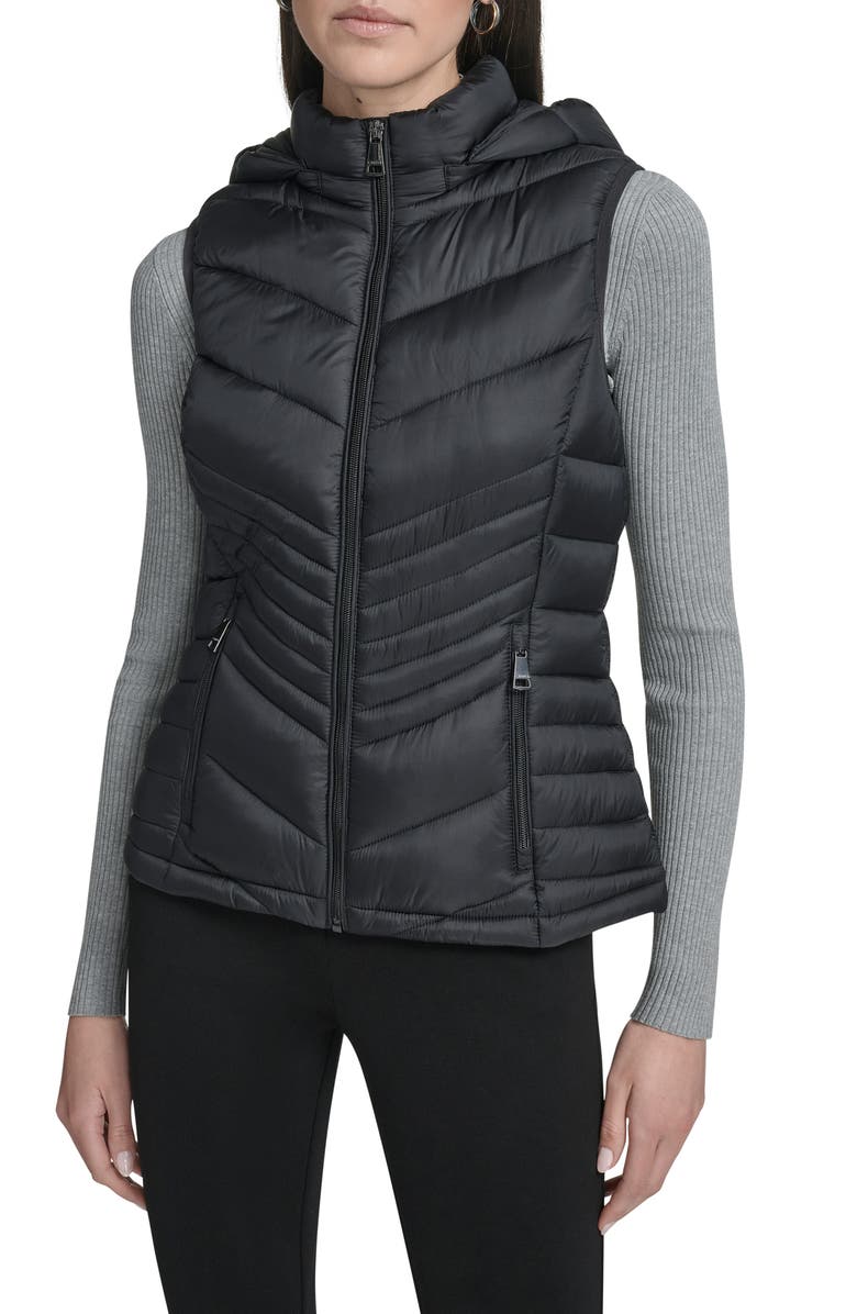 Calvin Klein Water Resistant Chevron Quilted Puffer Vest, Main, color, Black