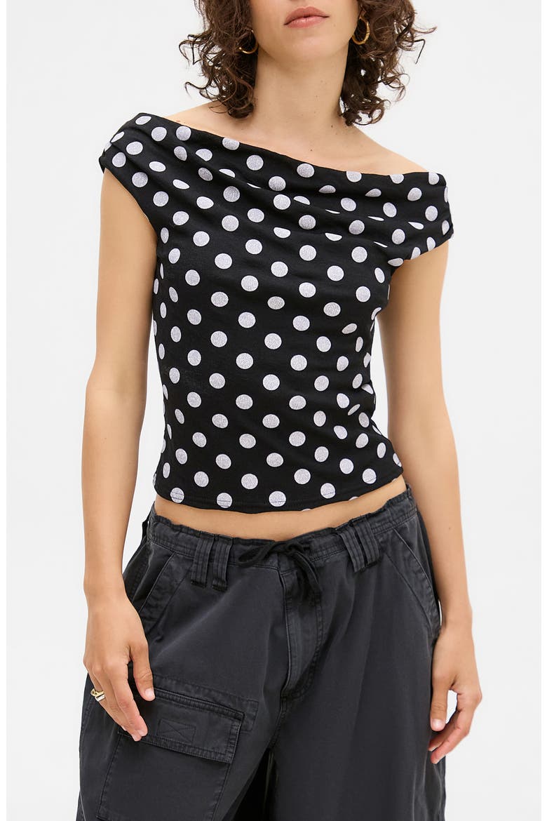 Fia Polka Dot Off the Shoulder Top, Main, color, BLACK
