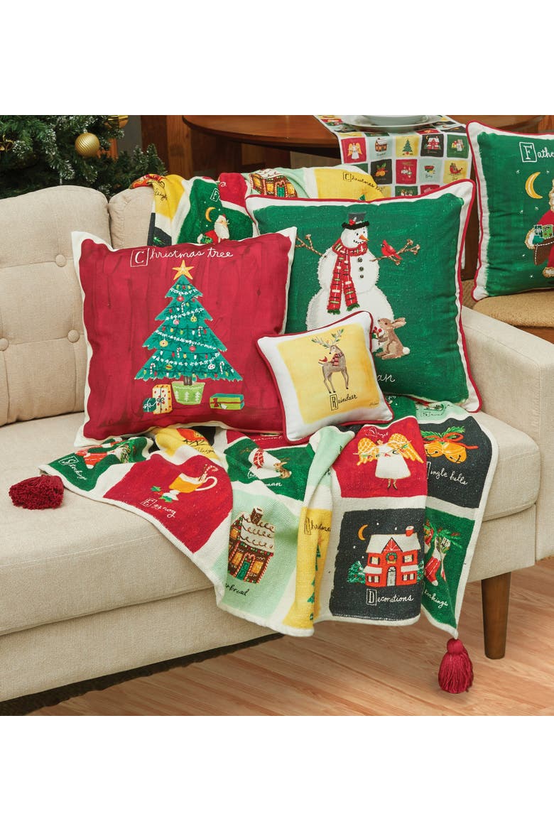 Christmas Alphabet Grid Printed 100% Cotton Handwoven Throw Blanket w/ Red Tassels 50" x 60", Alternate, color, Green