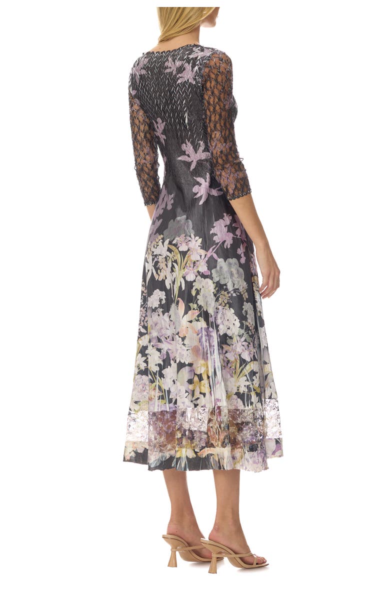 Komarov Floral Border Charmuese Dress with Lace Sleeves, Alternate, color, Orchid Border