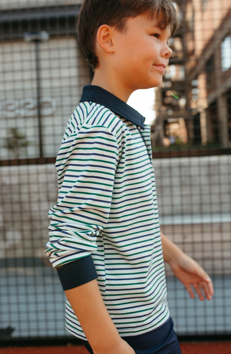 Little Paper Kids Rhodes Golf Stripe Long Sleeve Polo, Alternate, color, Blue / Green Stripe