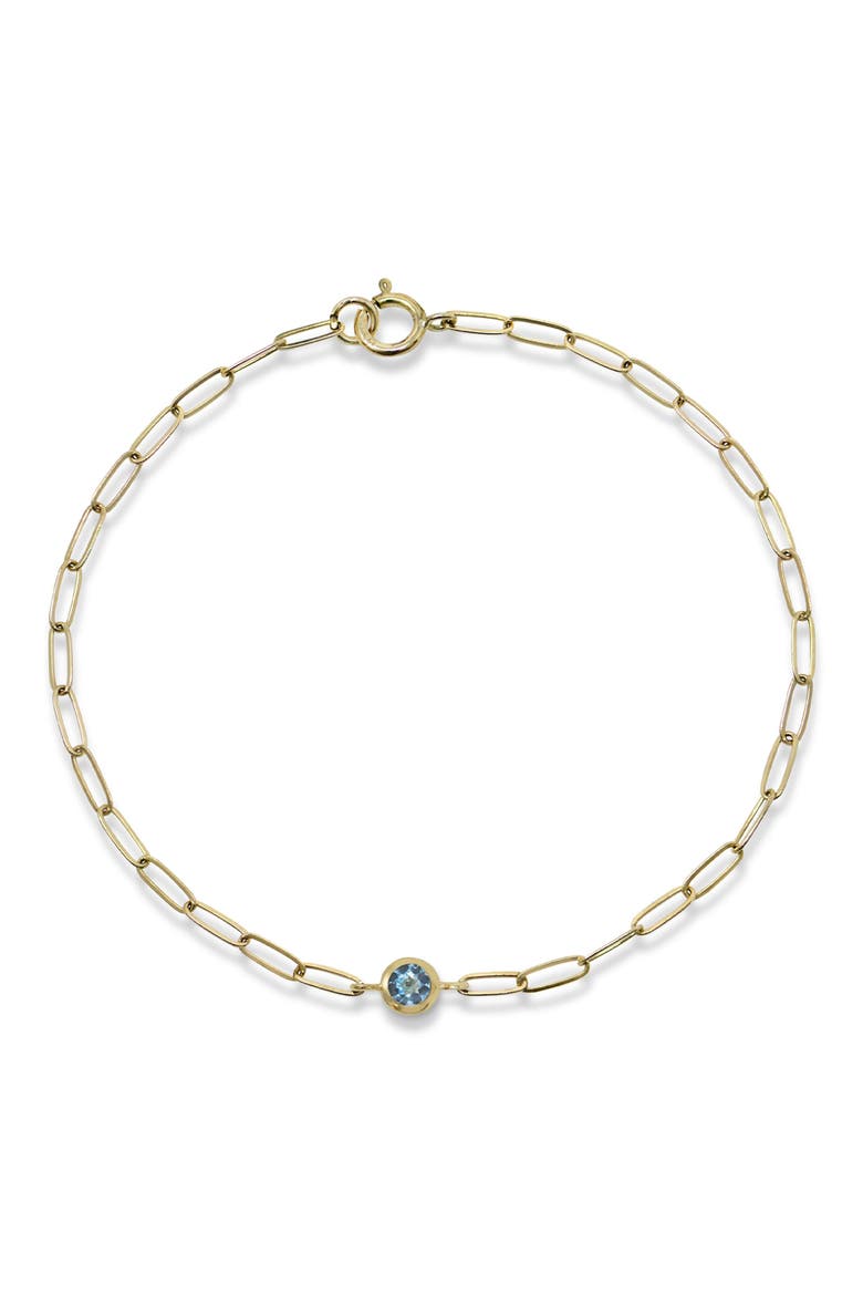 Classicque Birthstone Paper Clip Bracelet, Main, color, 14K YELLOW GOLD/ BLUE TOPAZ