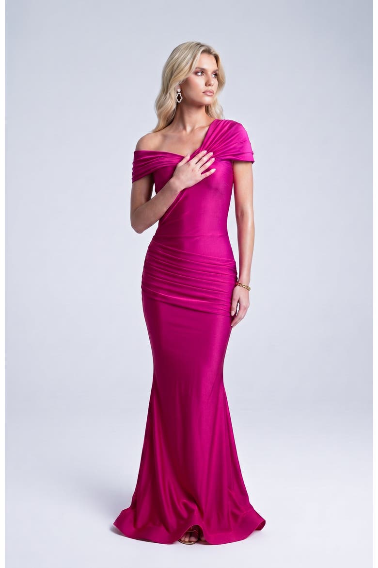 One Shoulder Twist Ruched Mermaid Evening Gown, Alternate, color, Magenta