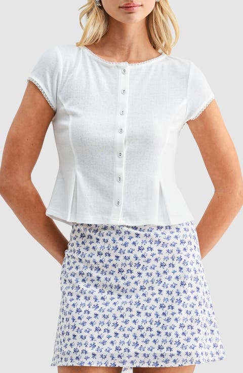 Pointelle Stitch Peplum Button-Up Top