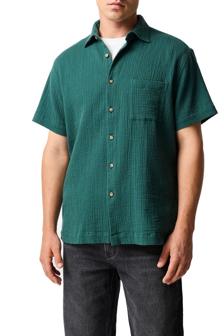 Adams Flat Weekend Fit Short Sleeve Stretch Seersucker Button-Up Shirt, Main, color, BOTTLE GREEN