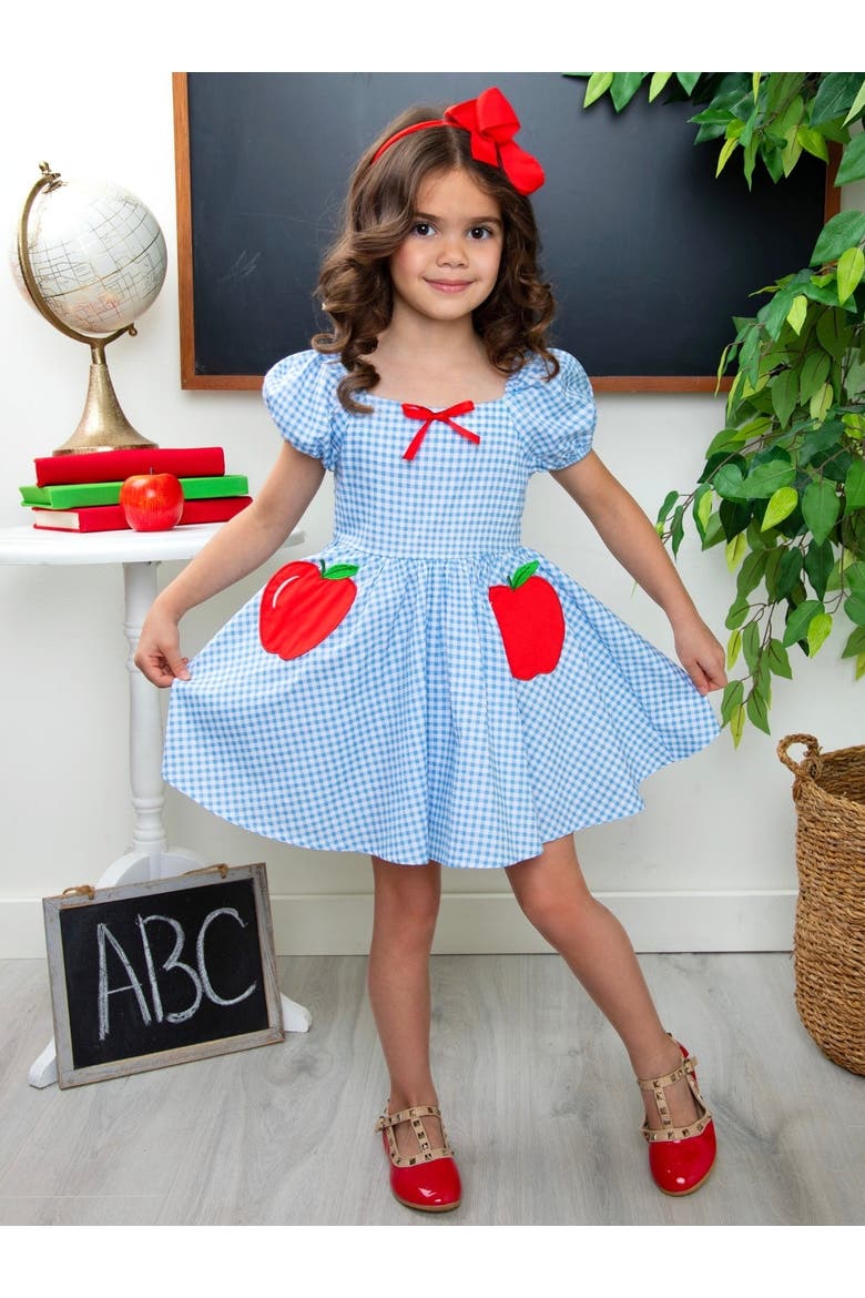 Apple Sweetheart Gingham Puff Sleeve Dress, Alternate, color, Blue
