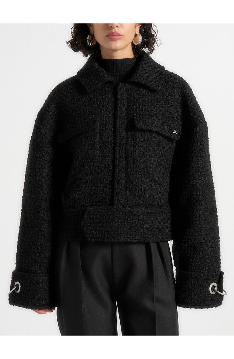 Manière De Voir Naela Boxy Tweed Jacket With Cuff Detail, Main, color, Black