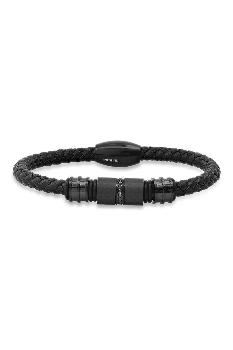 Black Braided Leather Bracelet, Main, color, BLACK