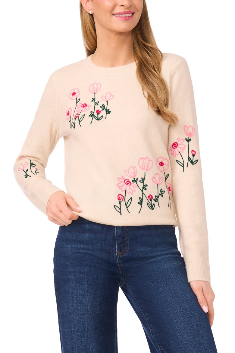 Flower Embroidery Crewneck Sweater, Main, color, BIRCH
