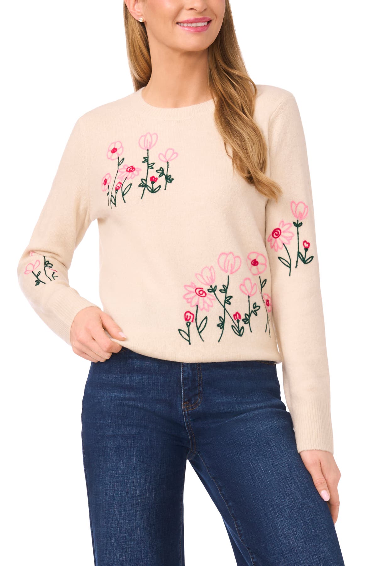 CeCe Flower Embroidery Crewneck Sweater