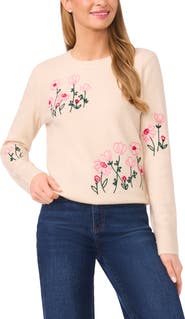 CeCe Flower Embroidery Crewneck Sweater