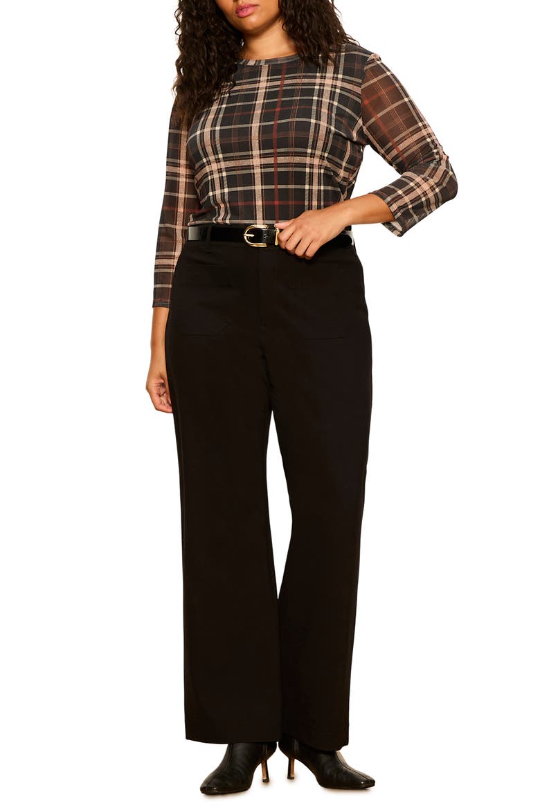 Plaid Mesh Three-Quarter Sleeve Top, Alternate, color, CINDER BROWN PLAID