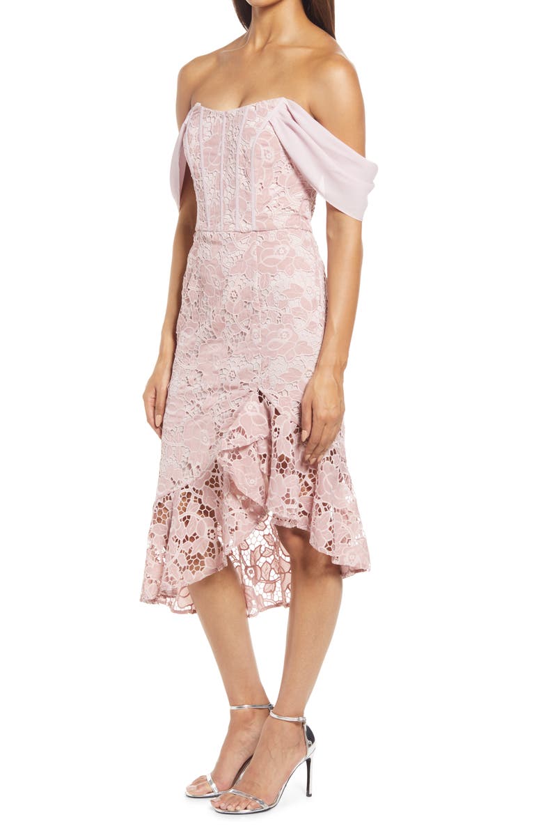 Chi Chi London Alma Lace Off the Shoulder Ruffle Cocktail Dress, Alternate, color,