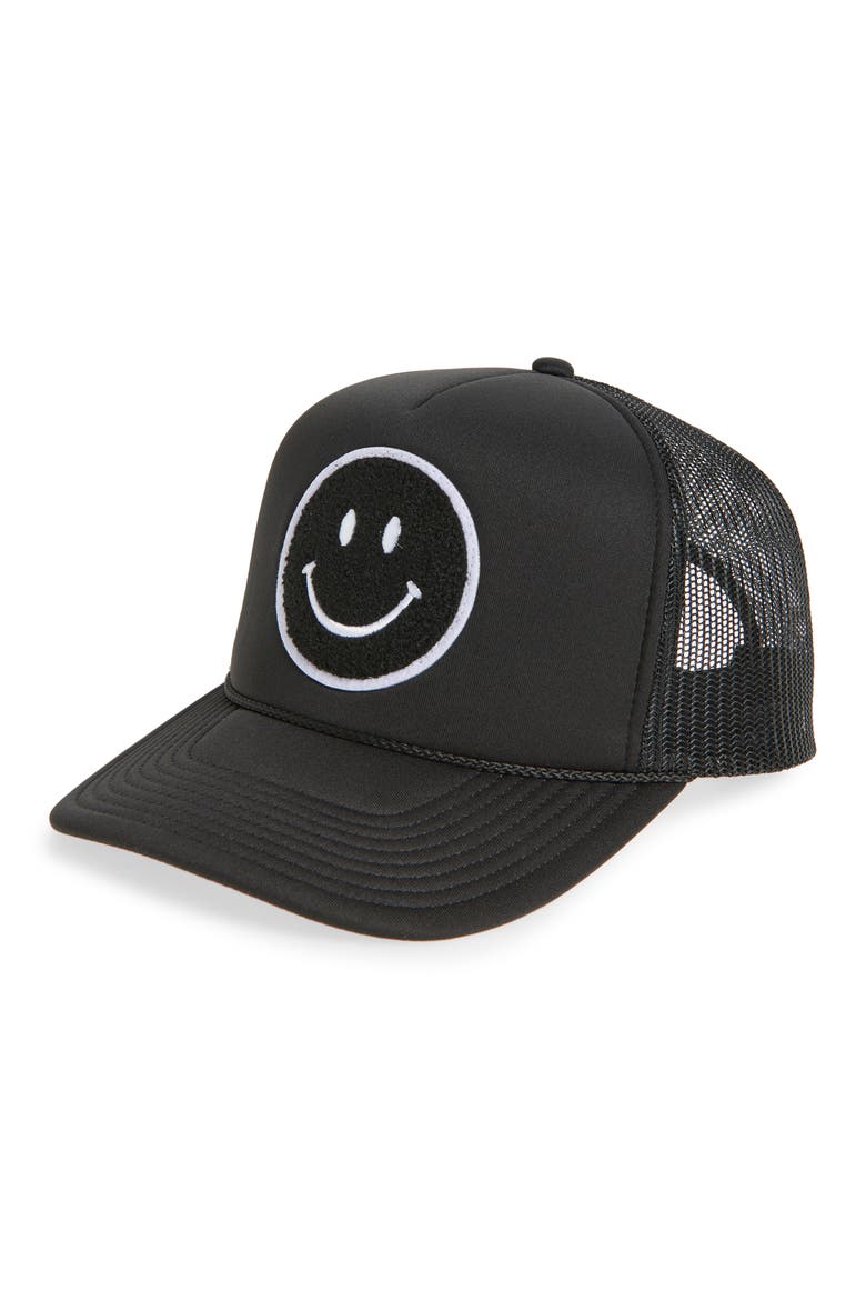 Smiley Patch Trucker Hat, Main, color, BLACK/ BLACK